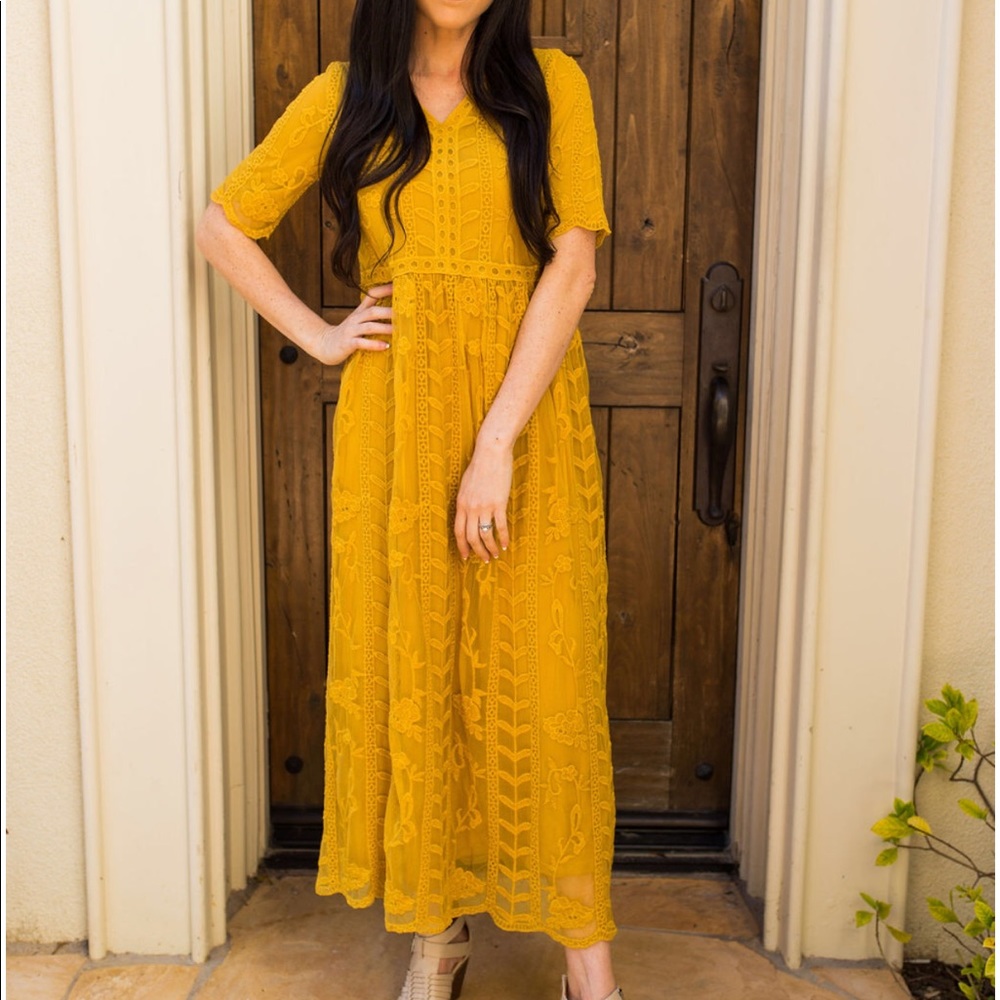 V Neck Overlay Lace Maxi Dress - Mustard